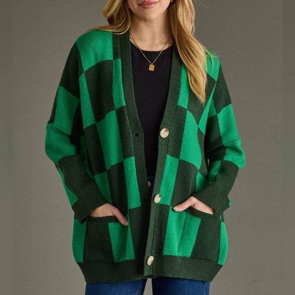 Panache Apparel Girl Crush Oversized Cardigan In Green Checkered Size LG - Picture 2 of 16